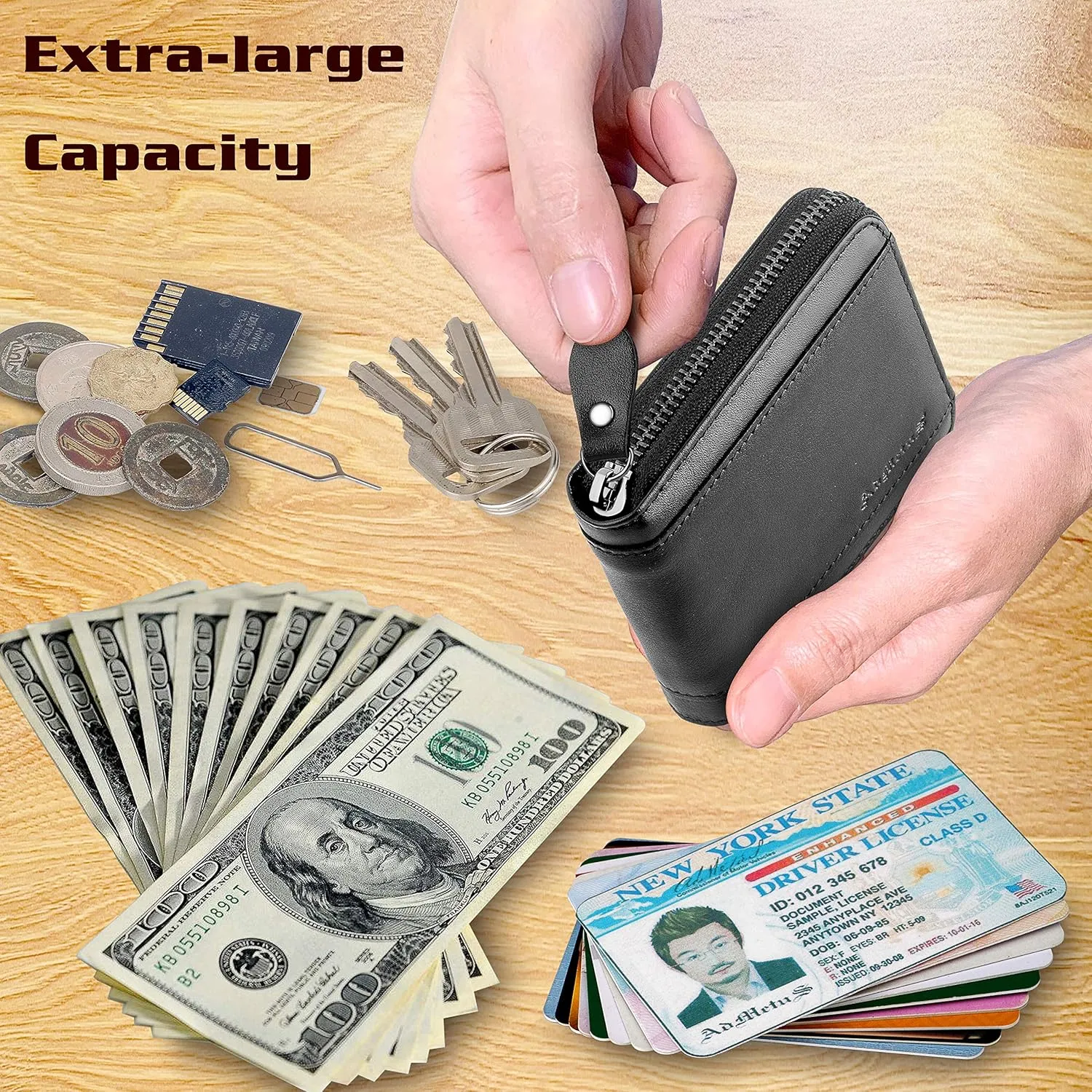 Admetus Mens RFID Blocking Wallets Zipper Leather Wallet for Men Bifold RFID Card Holder