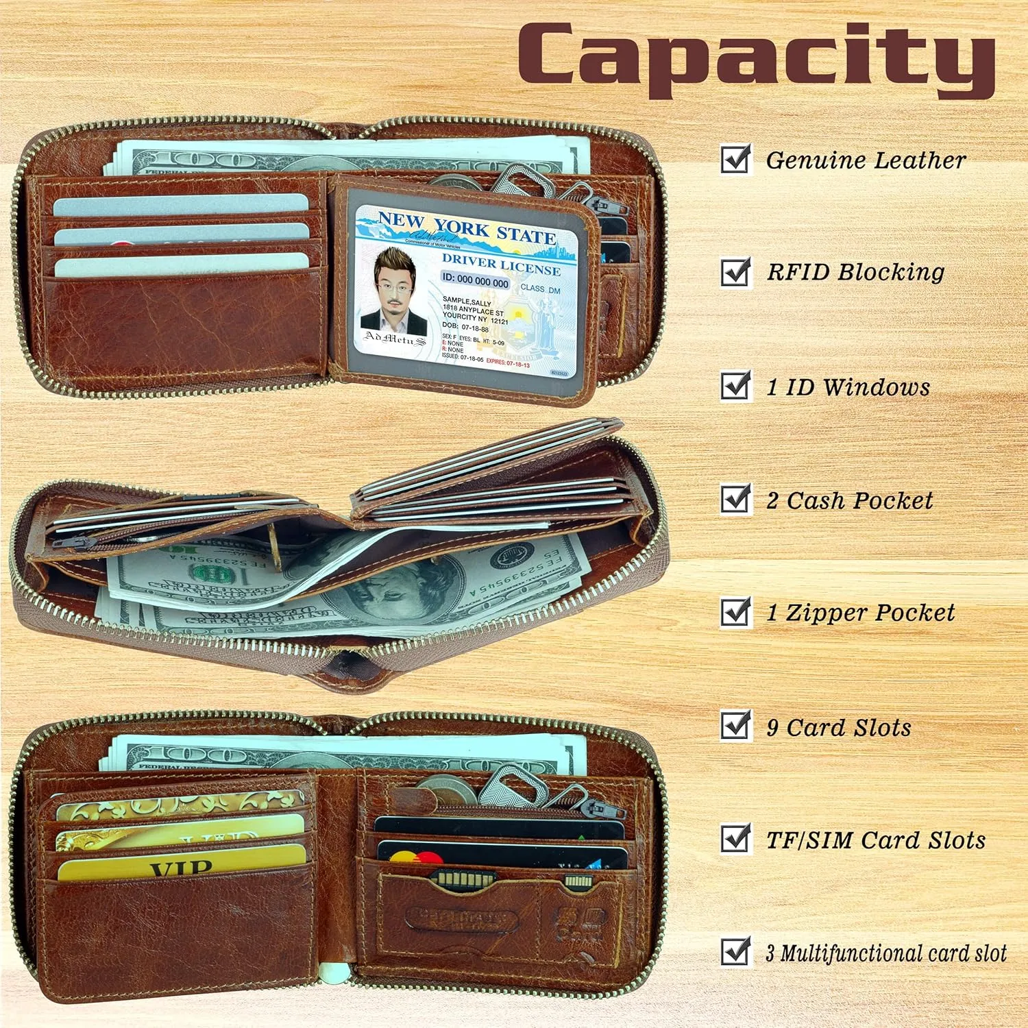 Admetus Mens RFID Blocking Wallets Zipper Leather Wallet for Men Bifold RFID Card Holder
