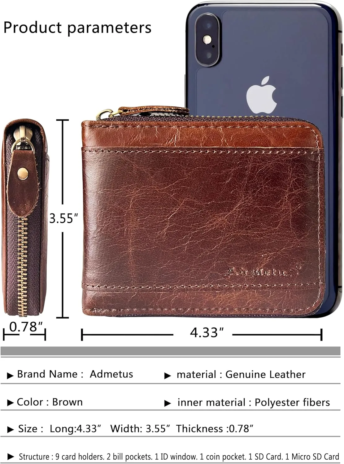 Admetus Mens RFID Blocking Wallets Zipper Leather Wallet for Men Bifold RFID Card Holder