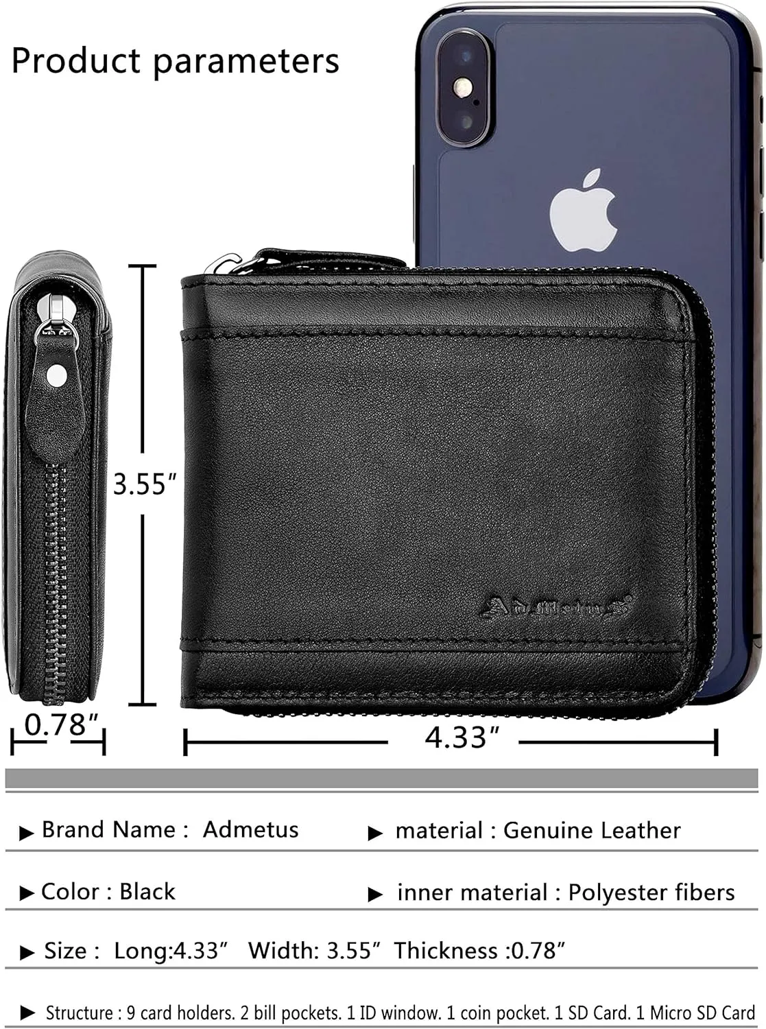 Admetus Mens RFID Blocking Wallets Zipper Leather Wallet for Men Bifold RFID Card Holder