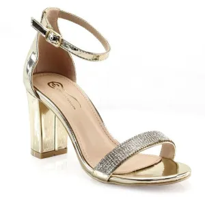 Gold Women Rhinestone Ankle Strap Block Heel Sandals