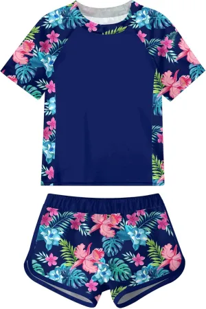 Idgreatim Girls Rashguard Swimsuit 2 Piece Short Sleeve Bathing Suit UPF 50  Sun Proction Swimwear Size 8-16T