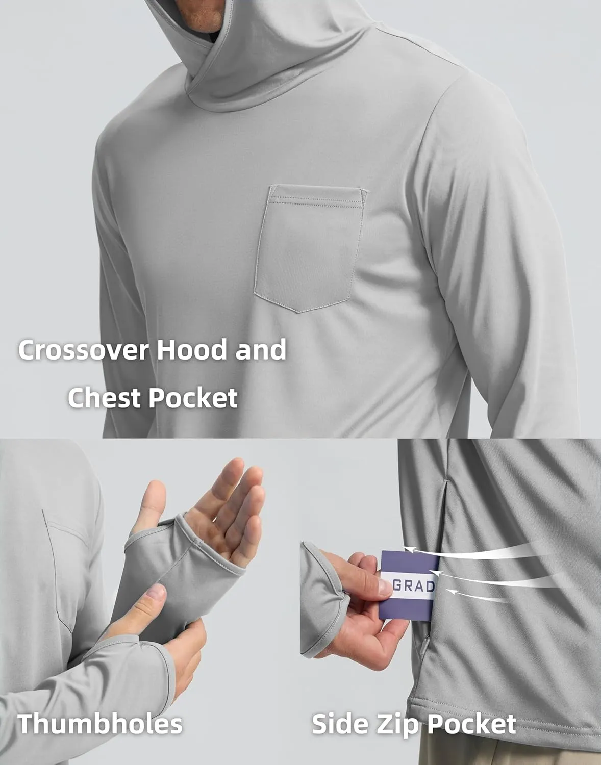 Men's Sun Protection Shirts UPF 50  Long Sleeve Hoodie with 2 Pockets UV SPF Fishing Hiking Rash Guard Shirts