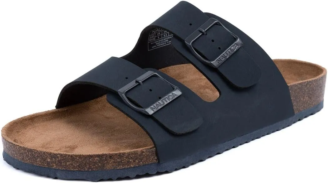 Nautica Men's Sandals - Casual Slides with 2 Adjustable Buckle Straps and Cork Footbed for Ultimate Comfort and Style (Regular/Wide Width, Big Size)